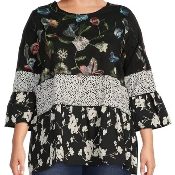 Calessa Black Embroidered Floral Patchwork Print  3/4 Sleeve Tiered Hem Tunic - Picture 1 of 4